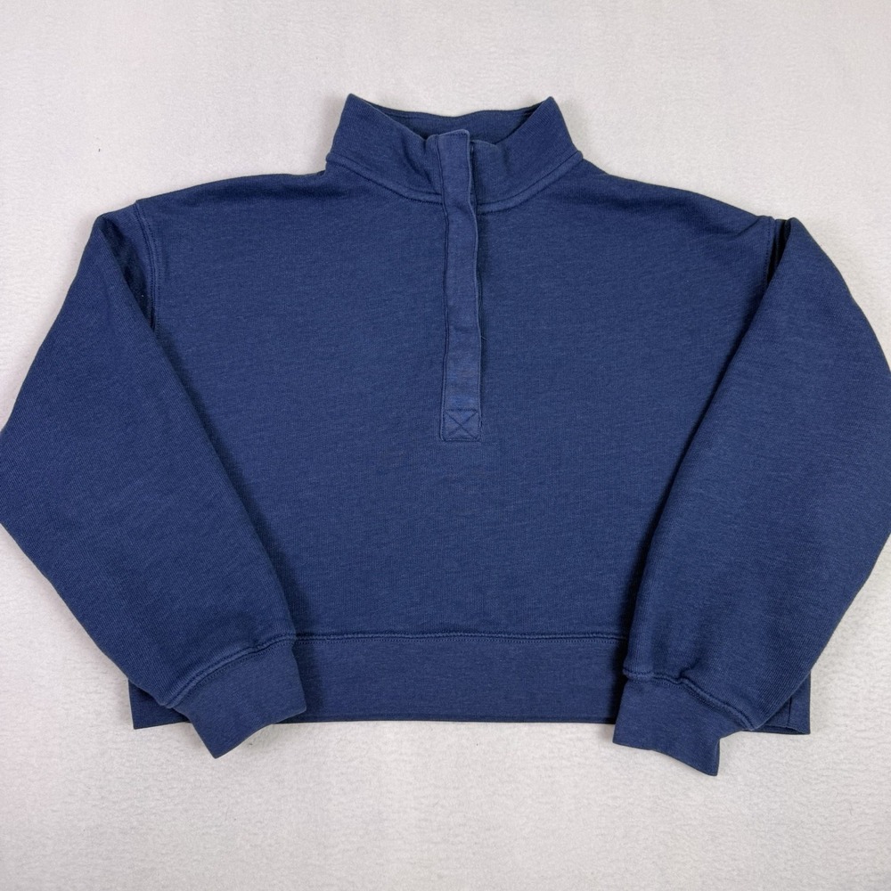 American Eagle Womens Large Blue Cropped 1/4 Button Fleece Pullover Top